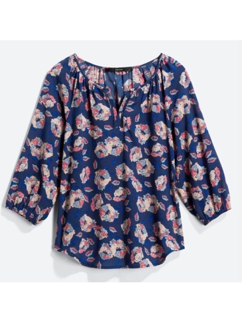 Fun 2 Fun Aleta Lattice Detail Blouse - Blue Floral - Size xsmall